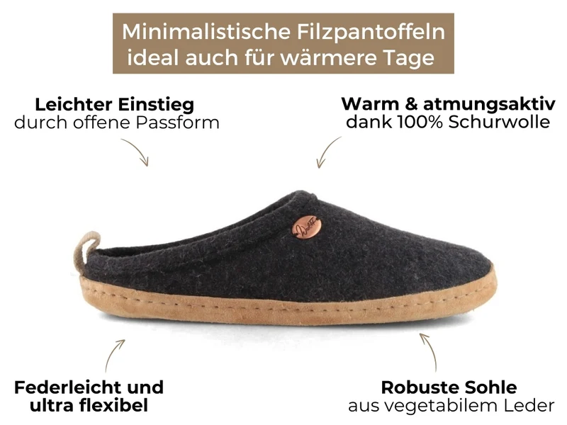 Tundra leichte Filzpantoffeln aus 100% Wolle, dunkelgrau