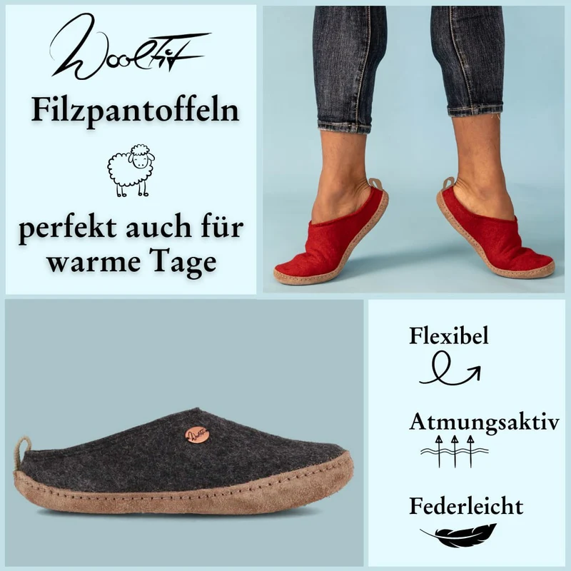 Tundra leichte Filzpantoffeln aus 100% Wolle, dunkelgrau