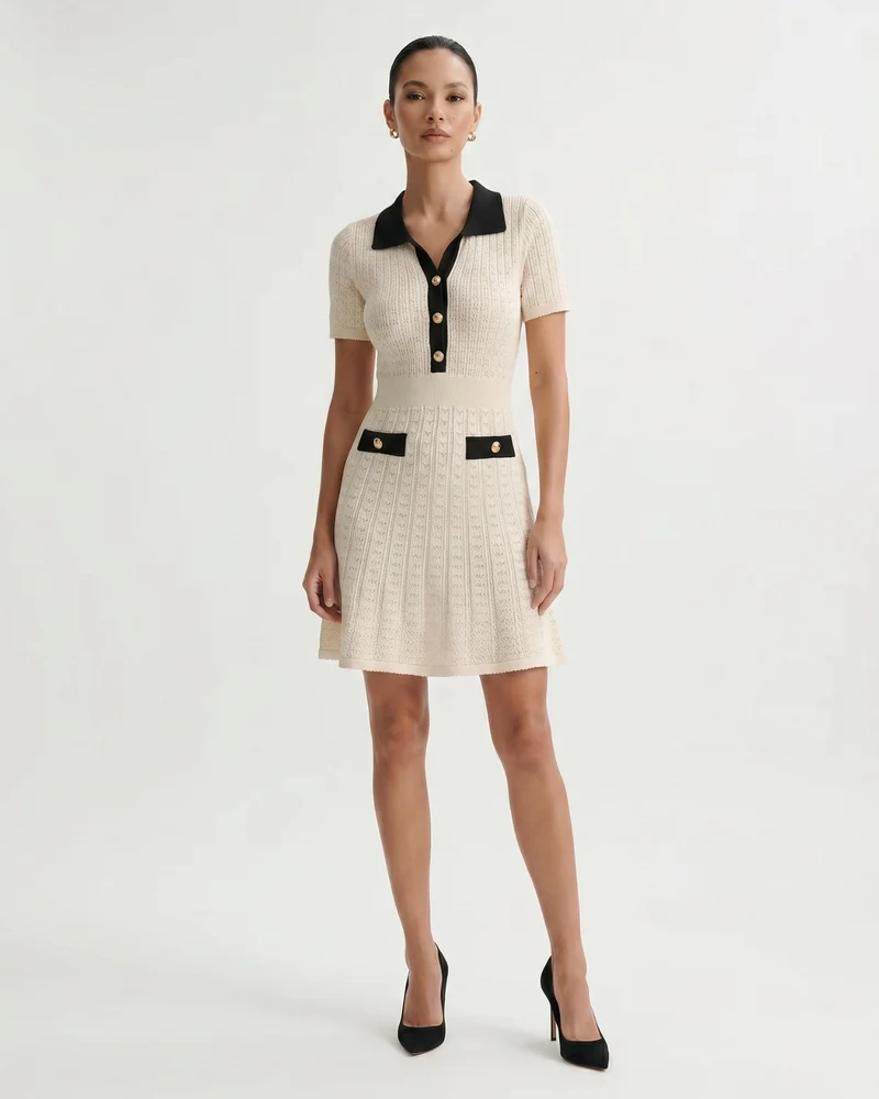Old Money Short Sleeve Dress Apricot Black