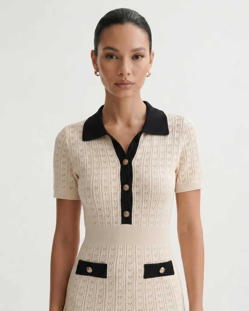 Old Money Short Sleeve Dress Apricot Black