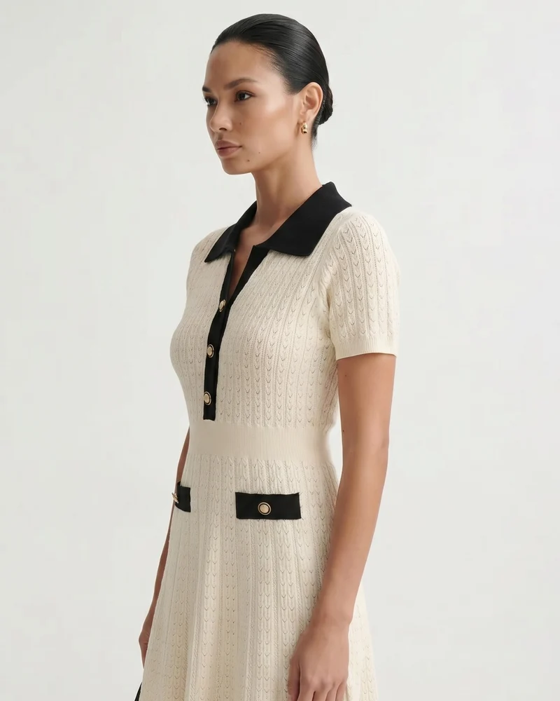 Old Money Short Sleeve Dress Apricot Black