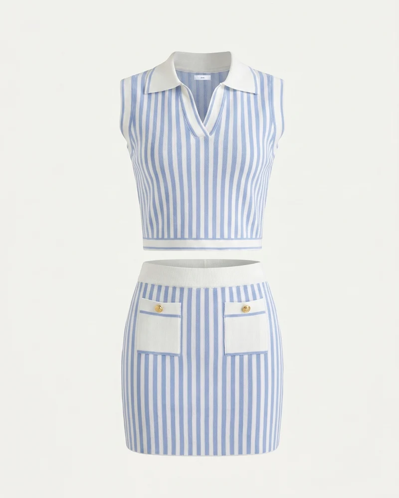 Knitted Two-Piece Short Skirt & Polo Vest Set