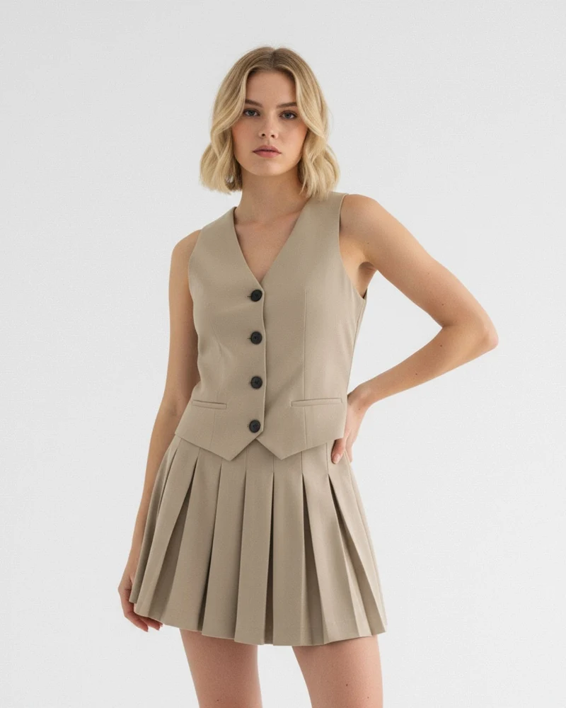 London V-Neck Striped Pleated Dress
