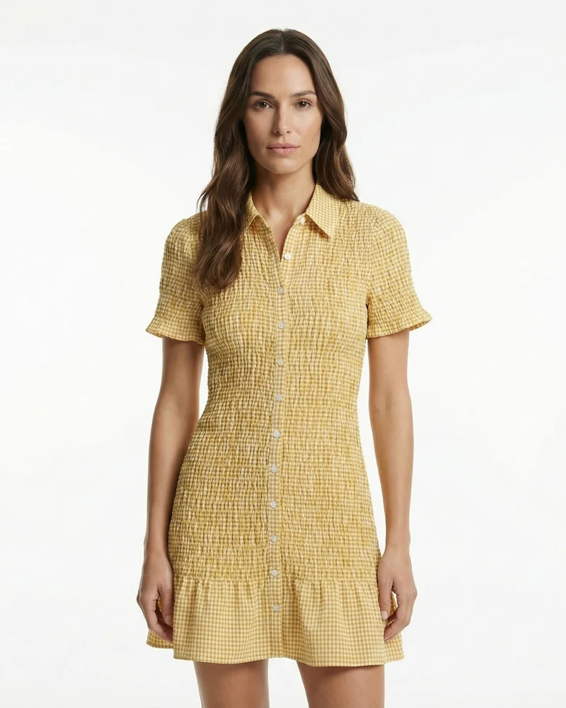Napoli Pleated Plaid Short-Sleeved Dress