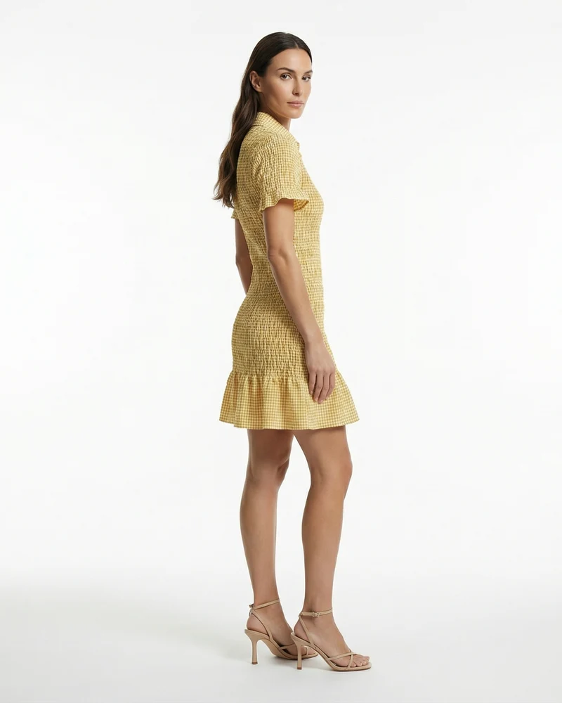 Napoli Pleated Plaid Short-Sleeved Dress