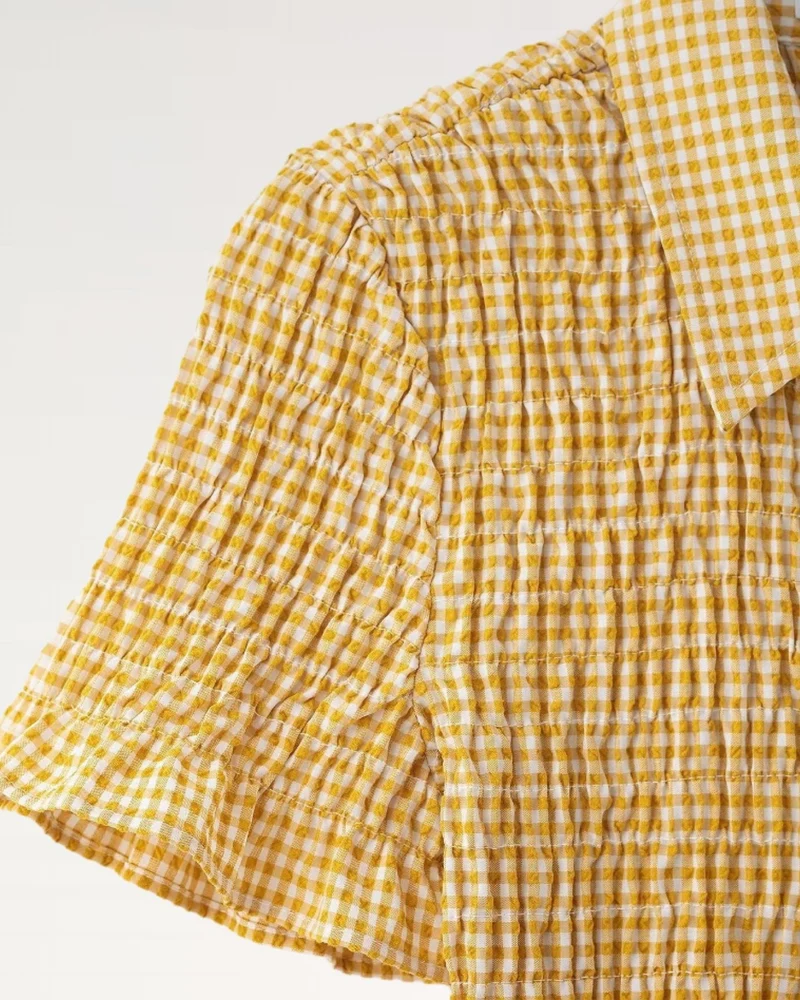 Napoli Pleated Plaid Short-Sleeved Dress