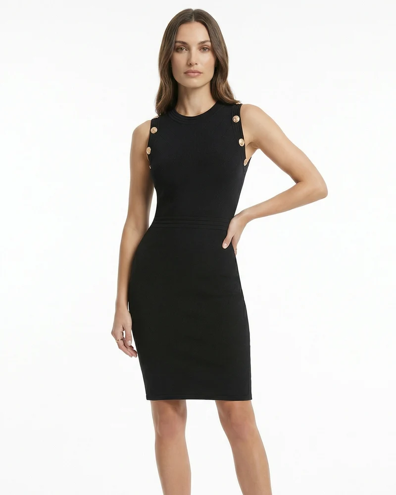 Romy Sleeveless Button Stretch Knit Dress