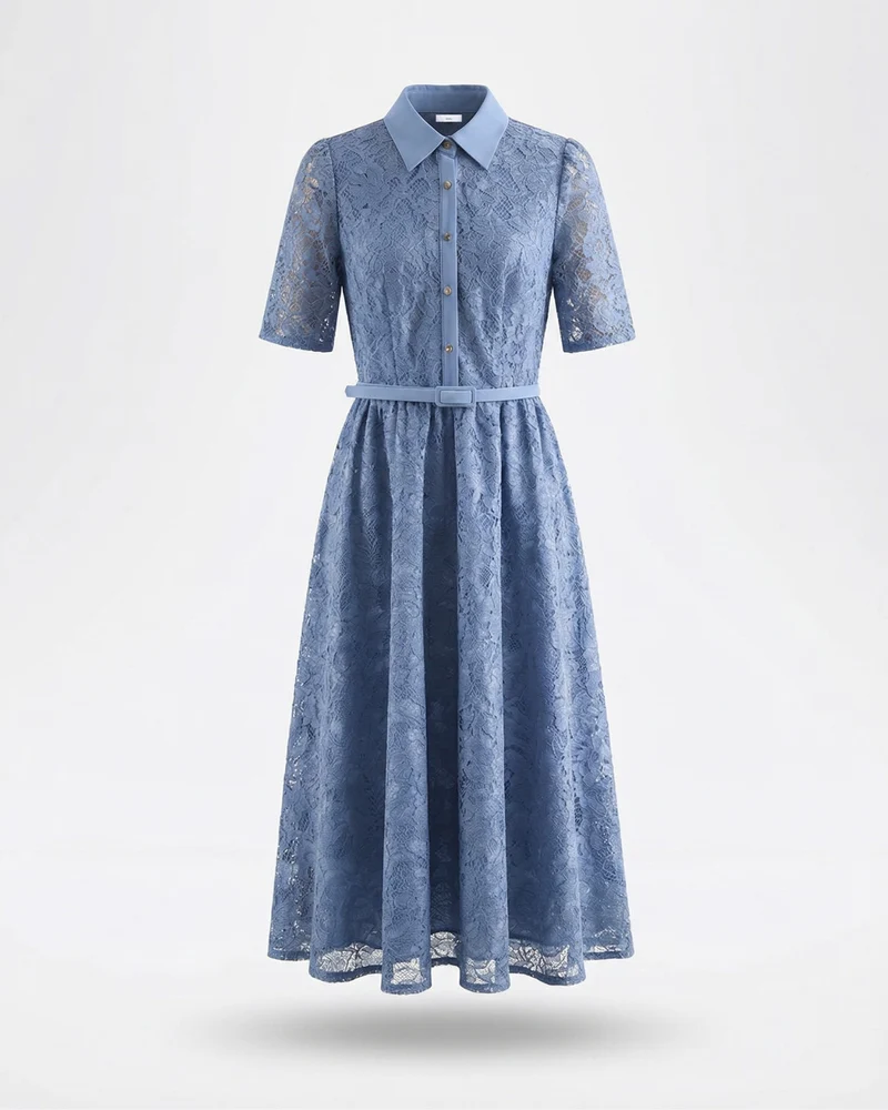 Retro Blue Dress Embroidery High Waisted
