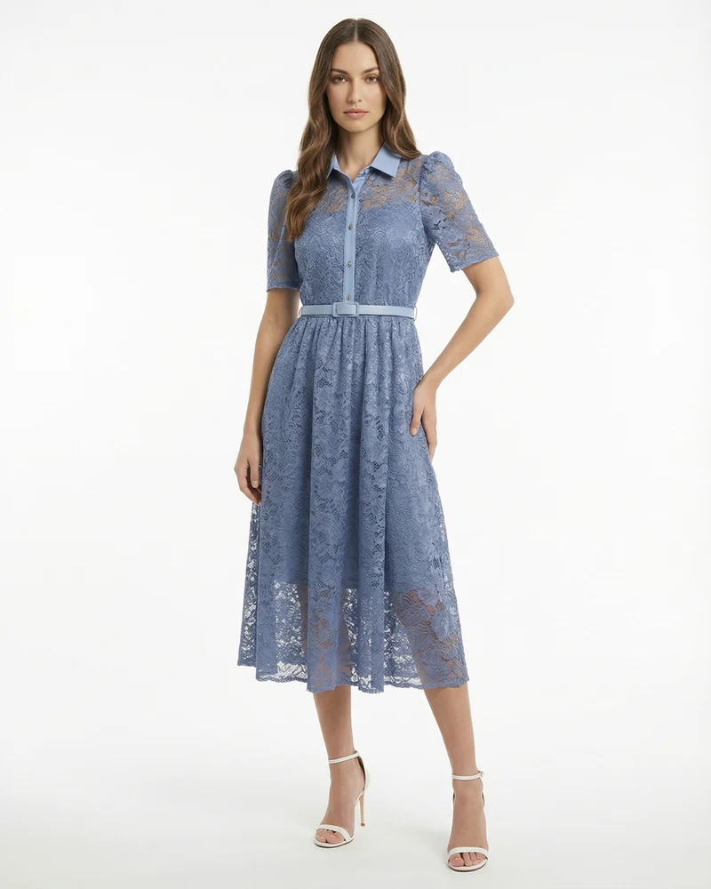 Retro Blue Dress Embroidery High Waisted