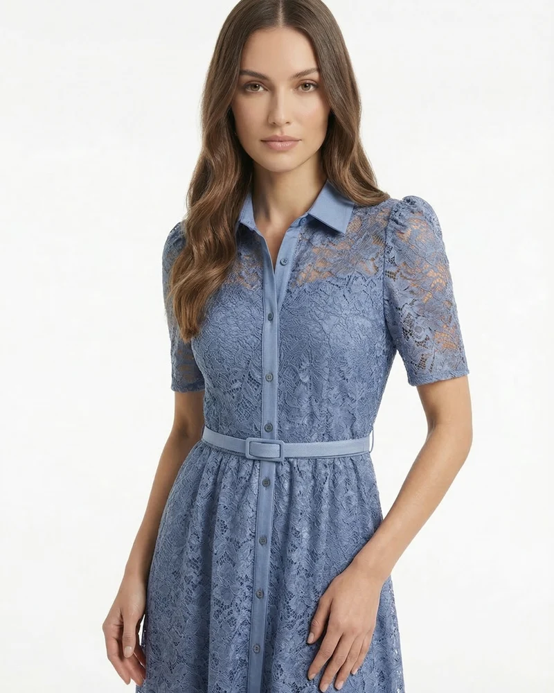 Retro Blue Dress Embroidery High Waisted