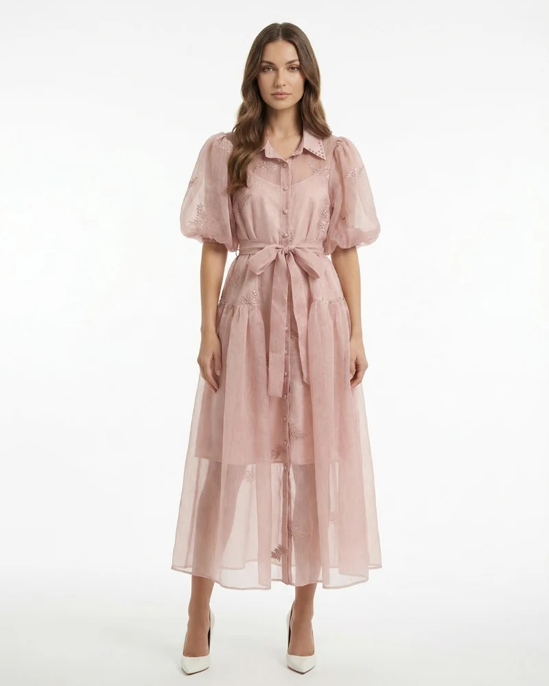 Long Embroidered Dress — Lapel Collar & Tie Waist Detail