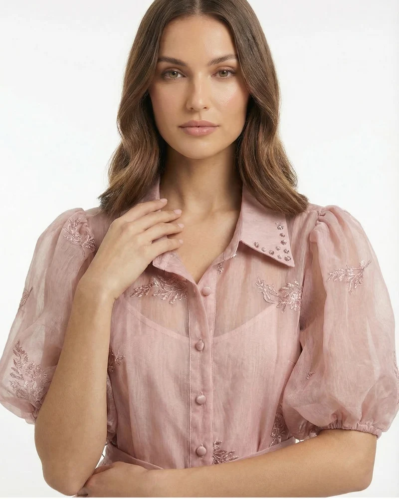 Long Embroidered Dress — Lapel Collar & Tie Waist Detail