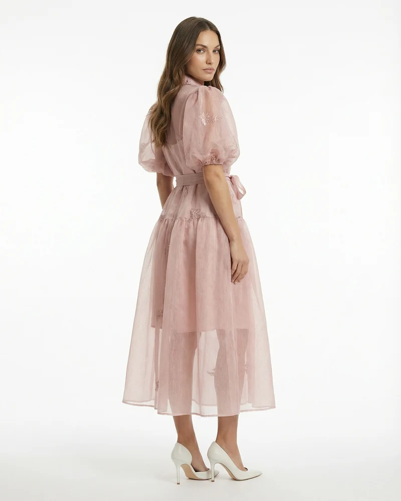 Long Embroidered Dress — Lapel Collar & Tie Waist Detail