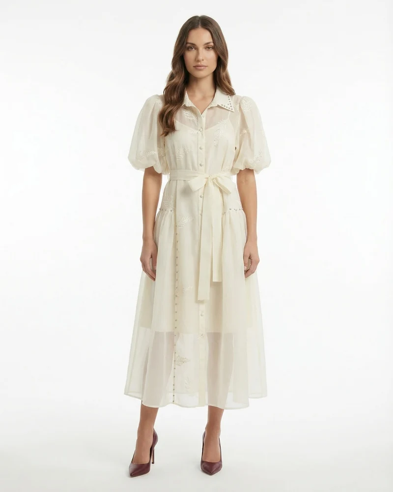 Long Embroidered Dress — Lapel Collar & Tie Waist Detail