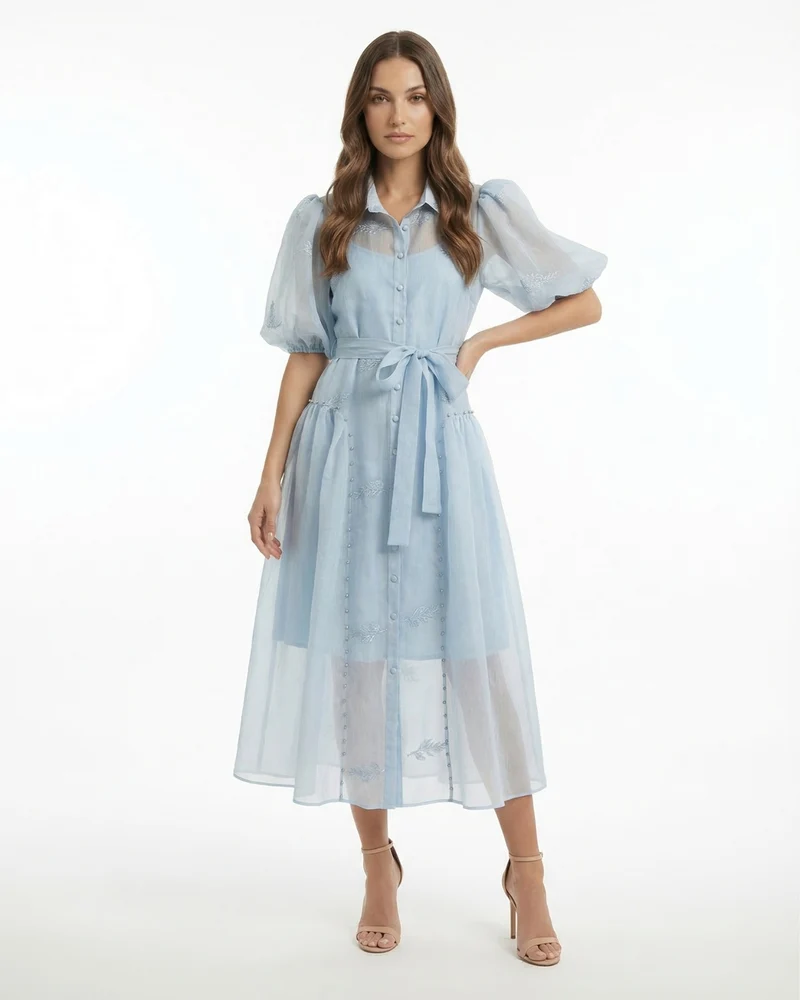 Long Embroidered Dress — Lapel Collar & Tie Waist Detail