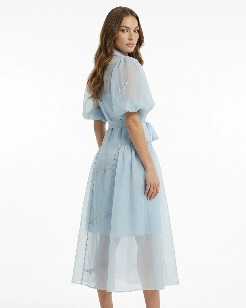 Long Embroidered Dress — Lapel Collar & Tie Waist Detail