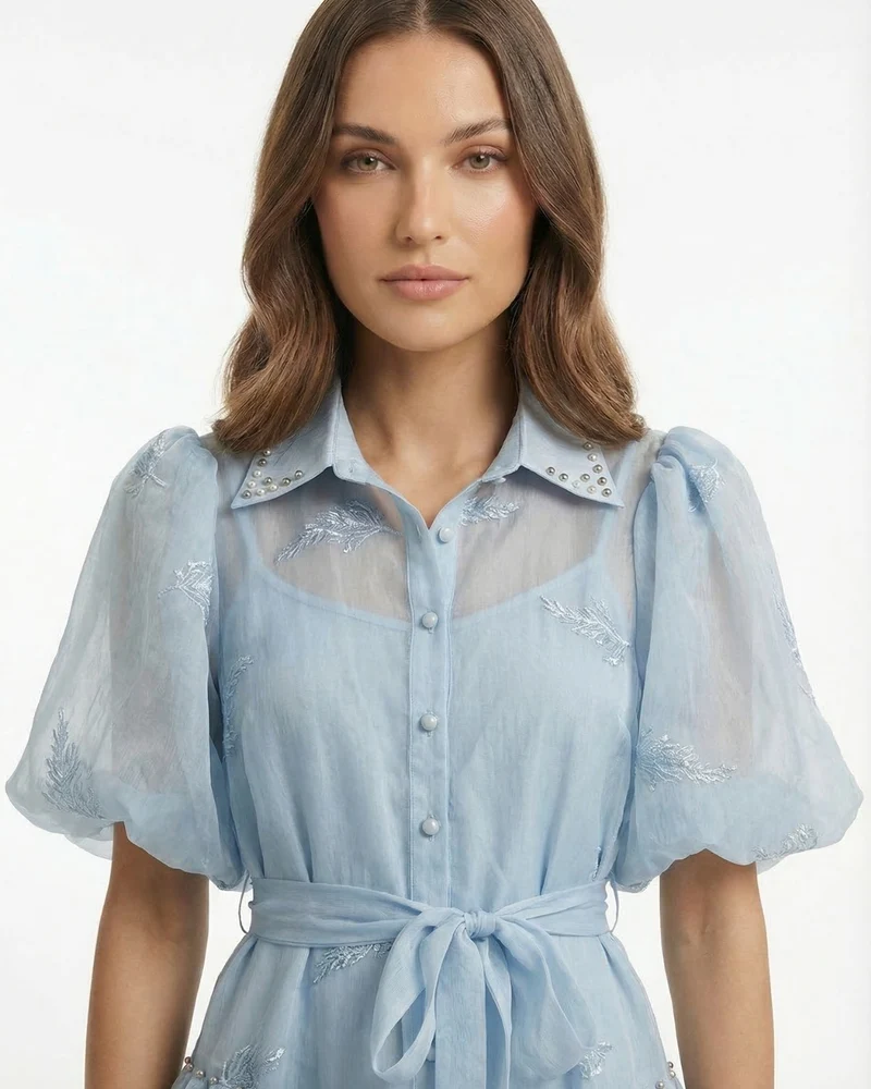 Long Embroidered Dress — Lapel Collar & Tie Waist Detail
