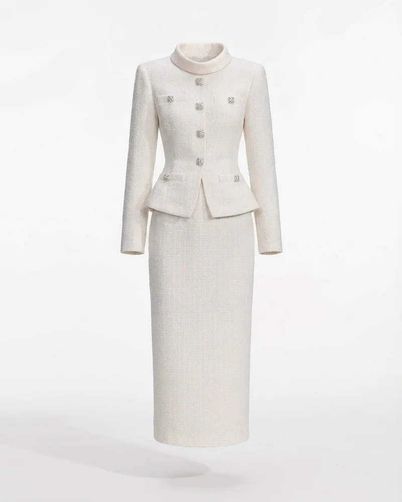 Textured Dress Suit Set Collar Diamond Top & Waist