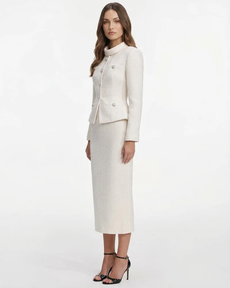 Textured Dress Suit Set Collar Diamond Top & Waist