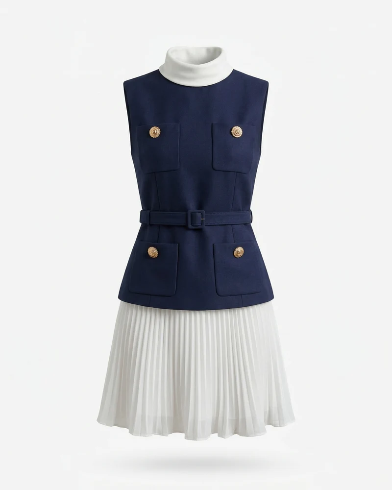 Contrast Collar Pleated Dress Sleeveless Two-Piece Style in Navy & White