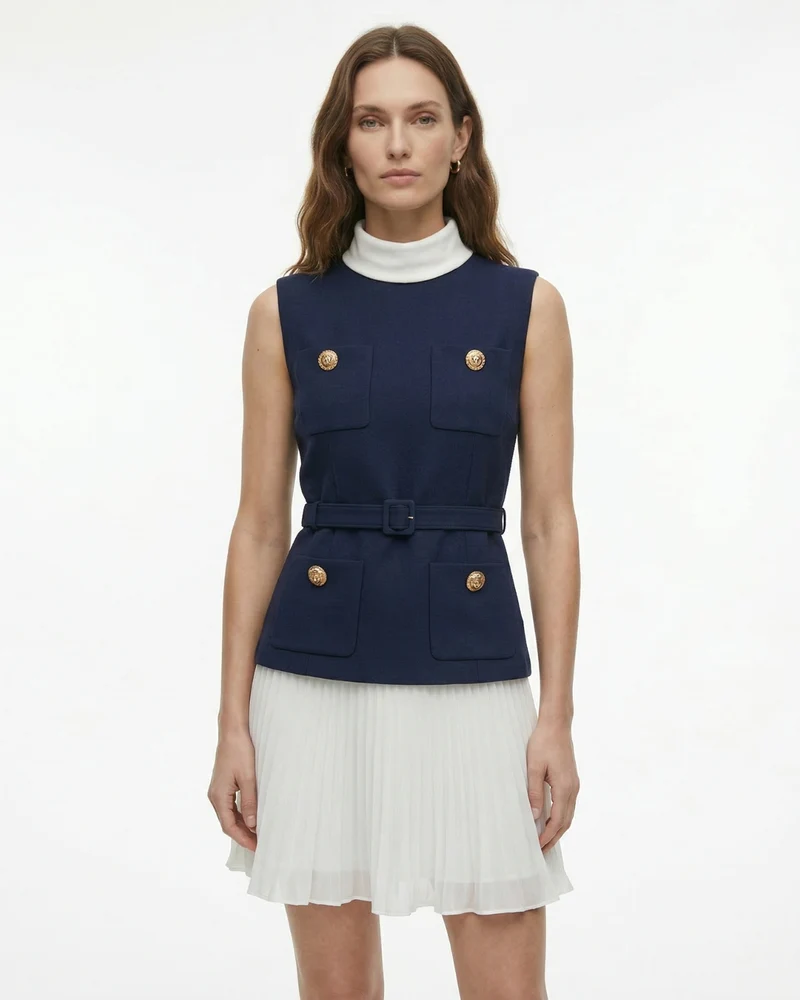 Contrast Collar Pleated Dress Sleeveless Two-Piece Style in Navy & White