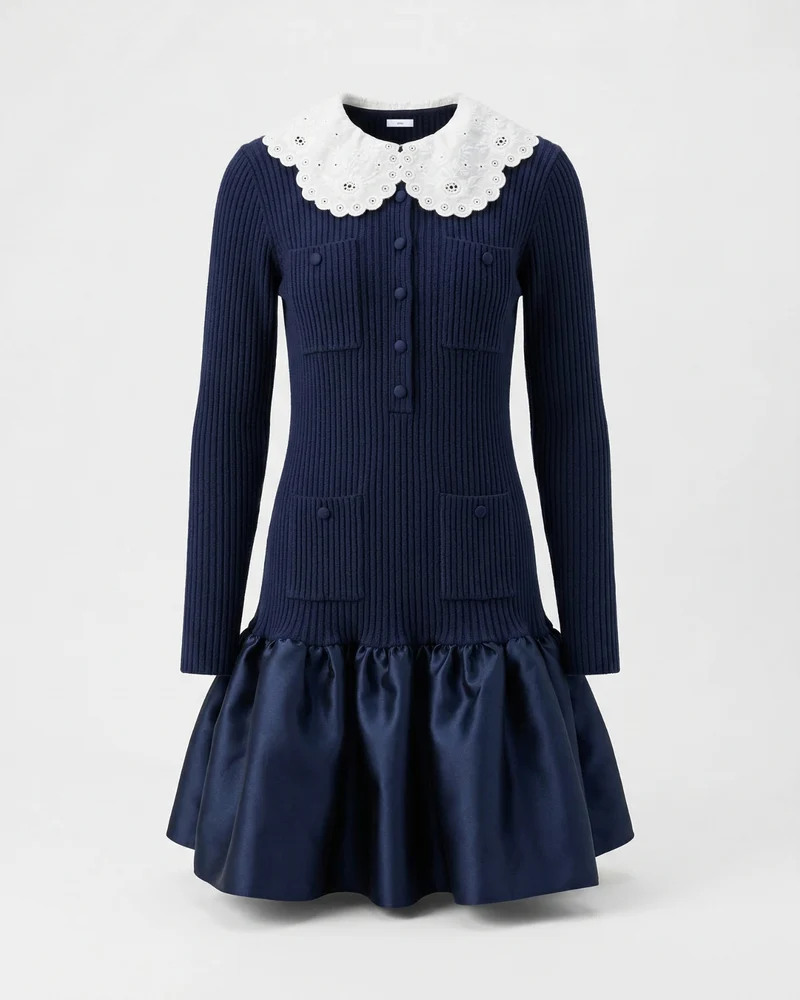 Candie Knit Dress Embroidered Lapel Ruffled Skirt