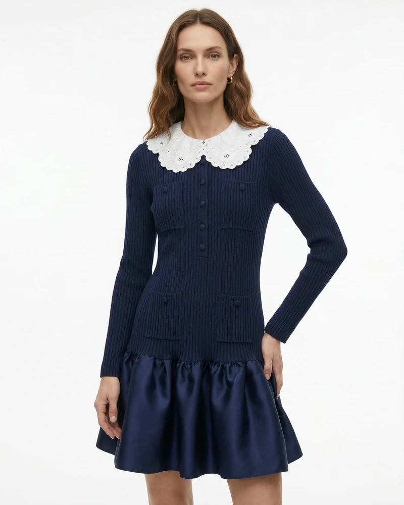 Candie Knit Dress Embroidered Lapel Ruffled Skirt