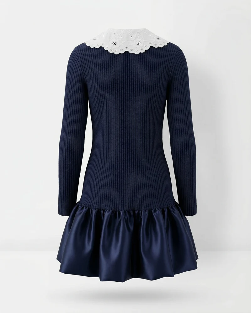 Candie Knit Dress Embroidered Lapel Ruffled Skirt