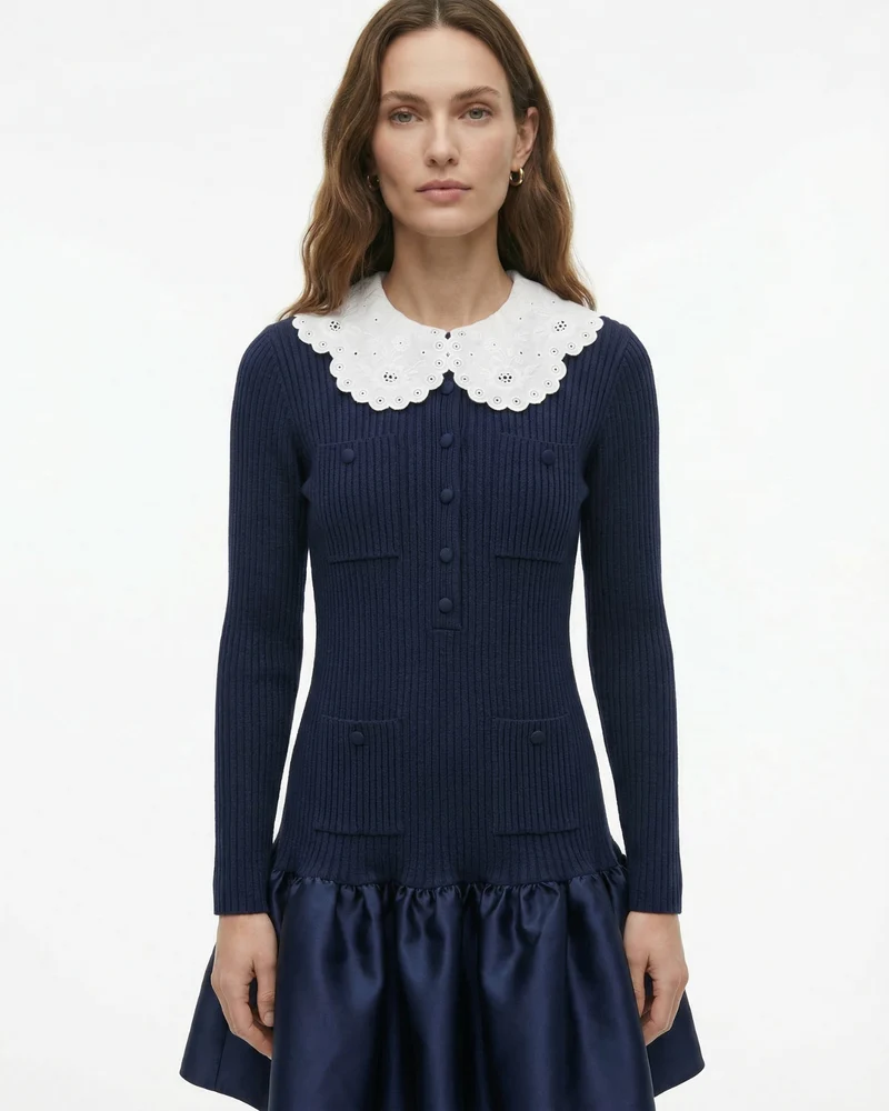 Candie Knit Dress Embroidered Lapel Ruffled Skirt