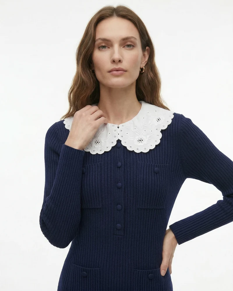 Candie Knit Dress Embroidered Lapel Ruffled Skirt