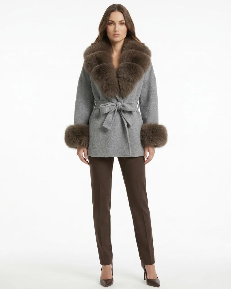 Divina Double-Sided Wool Coat with Fox Fur Collar