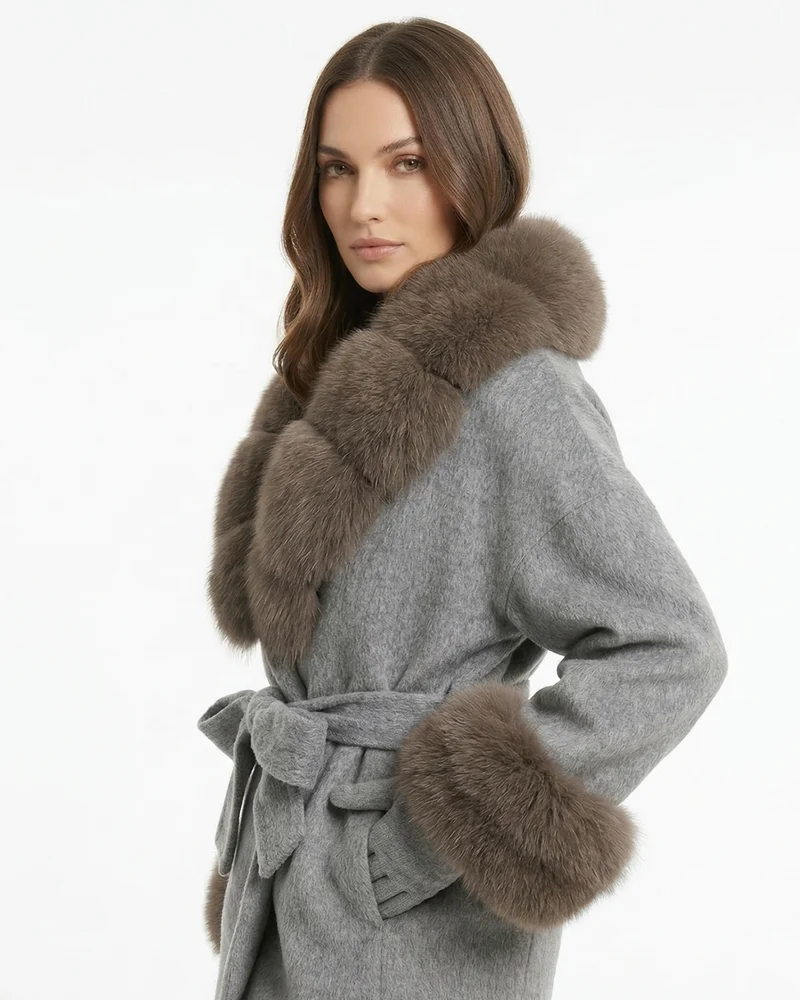 Divina Double-Sided Wool Coat with Fox Fur Collar