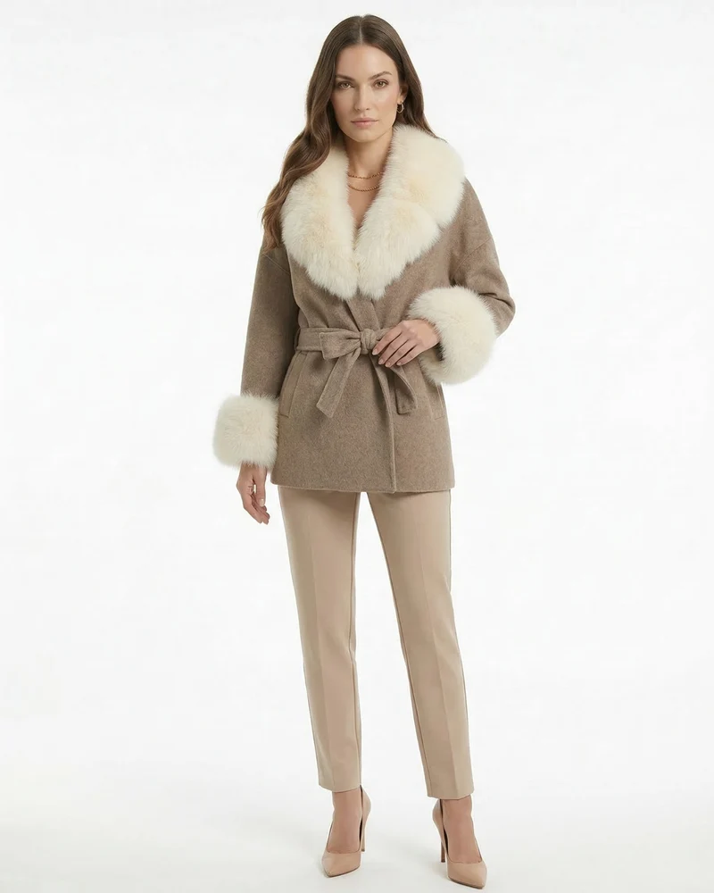 Divina Double-Sided Wool Coat with Fox Fur Collar