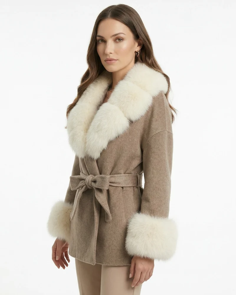 Divina Double-Sided Wool Coat with Fox Fur Collar