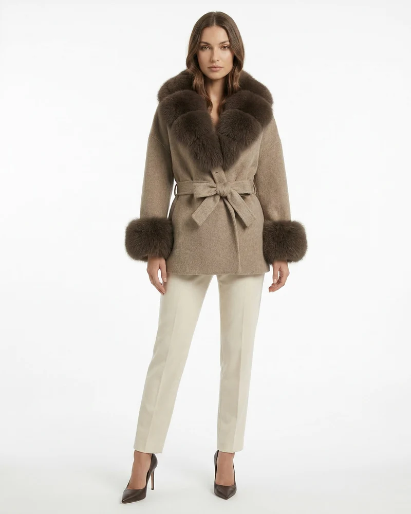 Divina Double-Sided Wool Coat with Fox Fur Collar