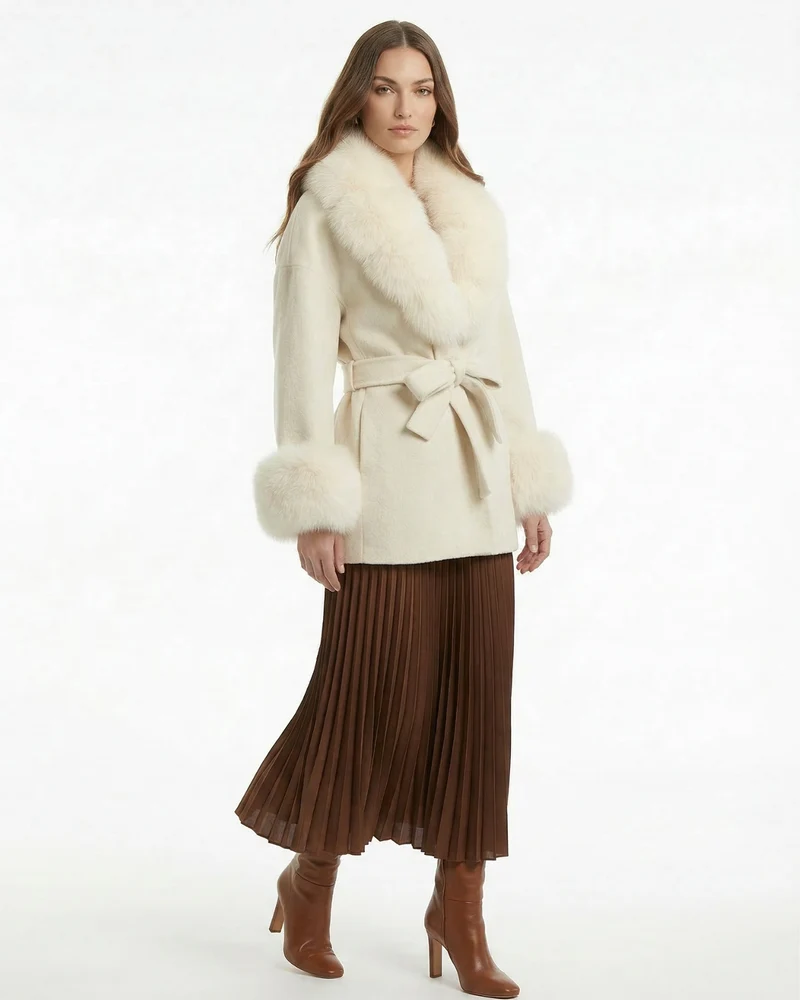 Divina Double-Sided Wool Coat with Fox Fur Collar