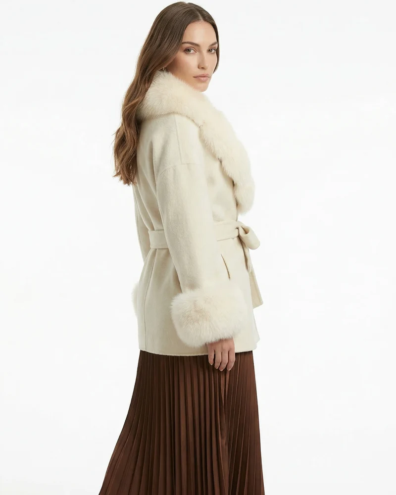 Divina Double-Sided Wool Coat with Fox Fur Collar