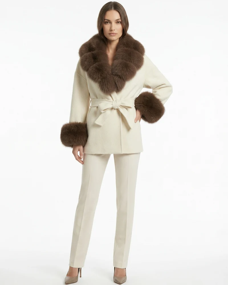 Divina Double-Sided Wool Coat with Fox Fur Collar