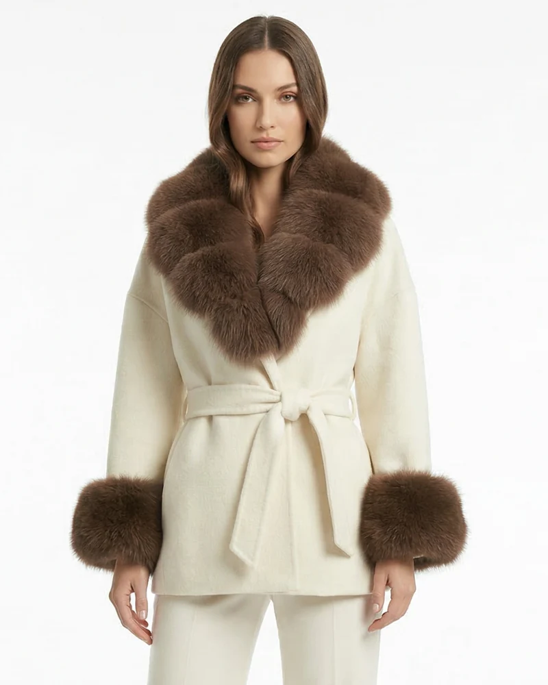 Divina Double-Sided Wool Coat with Fox Fur Collar