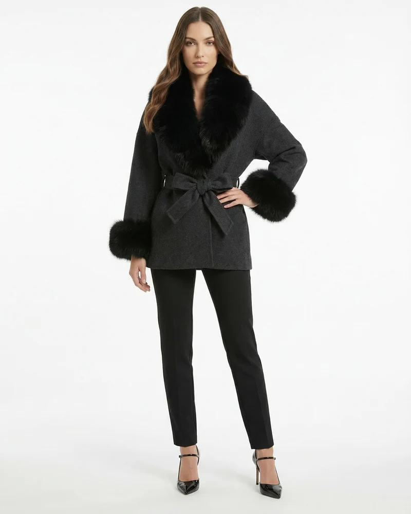 Divina Double-Sided Wool Coat with Fox Fur Collar