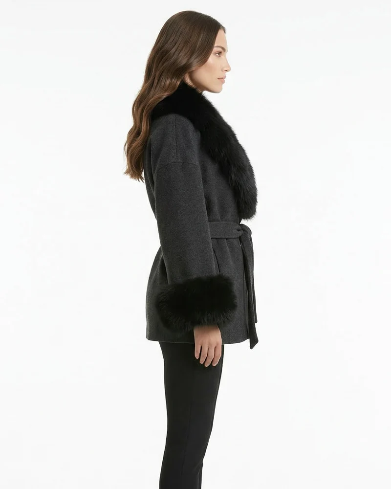 Divina Double-Sided Wool Coat with Fox Fur Collar