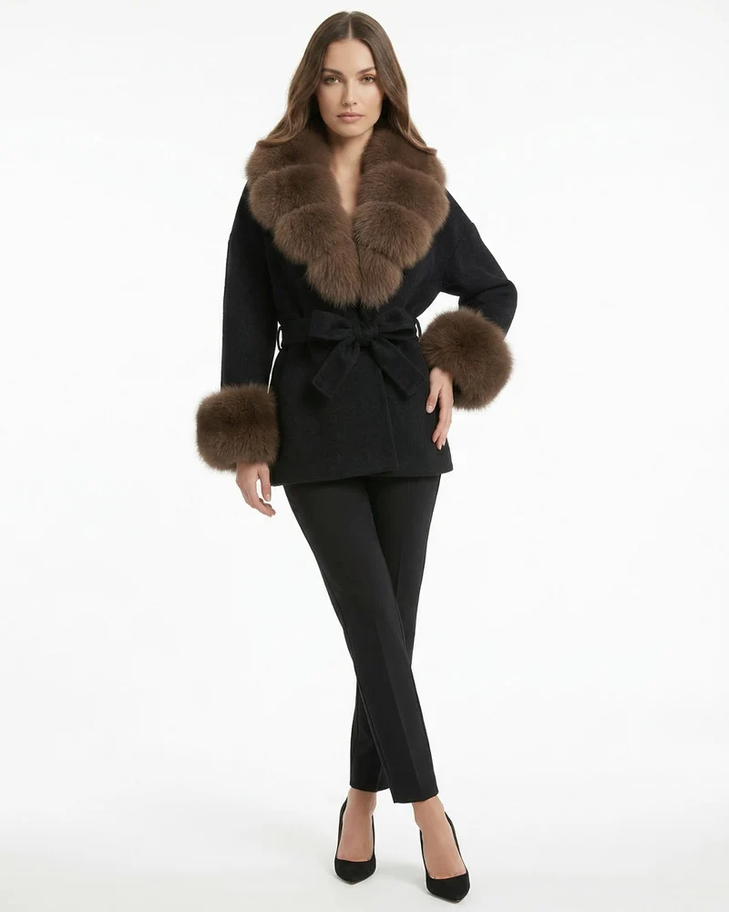 Divina Double-Sided Wool Coat with Fox Fur Collar