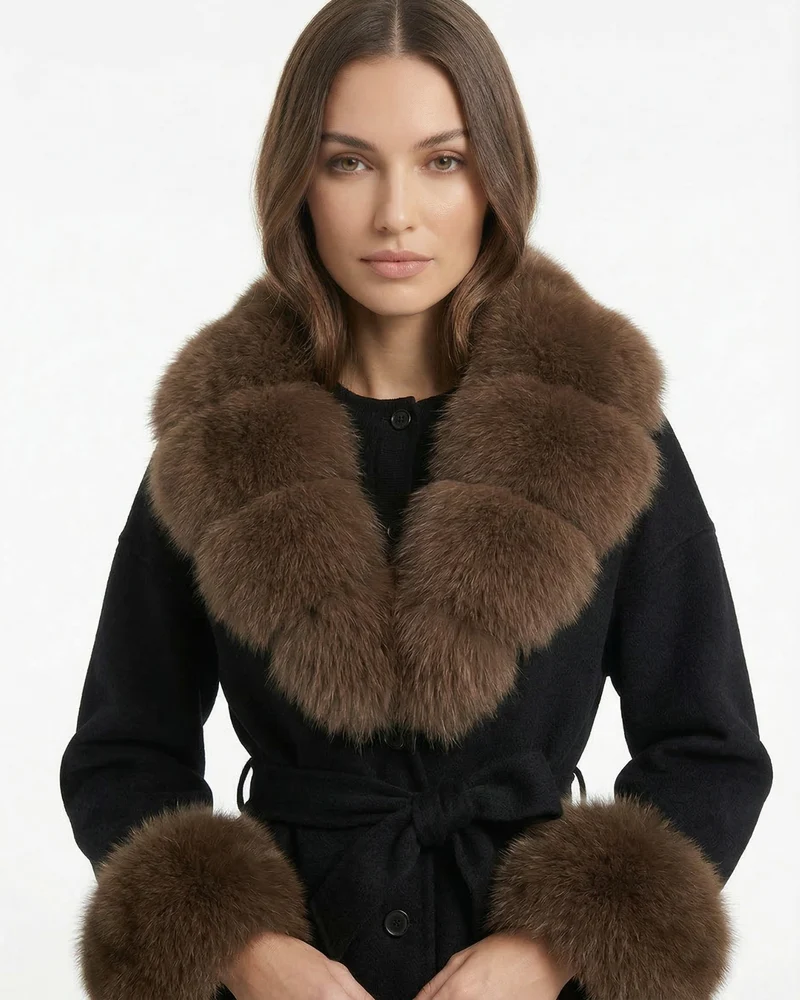 Divina Double-Sided Wool Coat with Fox Fur Collar
