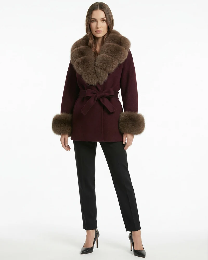 Divina Double-Sided Wool Coat with Fox Fur Collar
