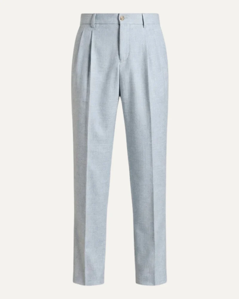 Linen Blend Light Blue Trousers Herringbone Double Pleated