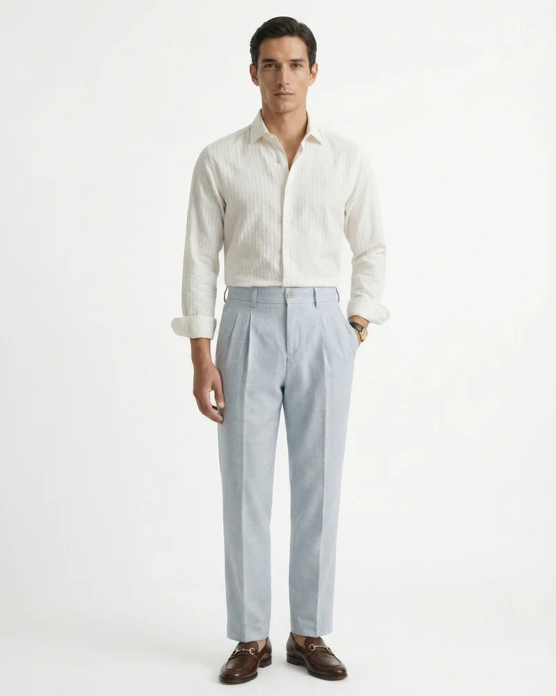 Linen Blend Light Blue Trousers Herringbone Double Pleated