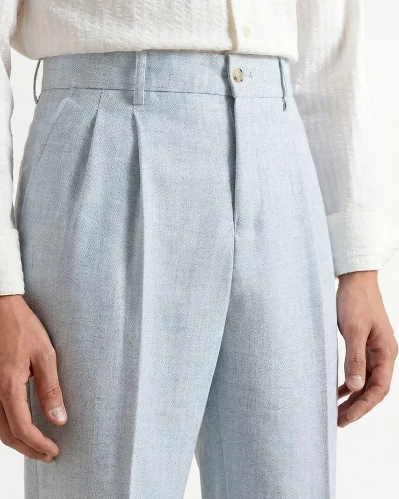 Linen Blend Light Blue Trousers Herringbone Double Pleated