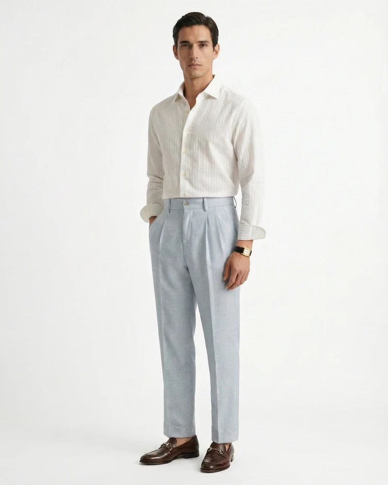 Linen Blend Light Blue Trousers Herringbone Double Pleated