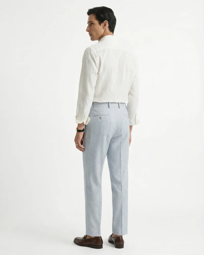 Linen Blend Light Blue Trousers Herringbone Double Pleated