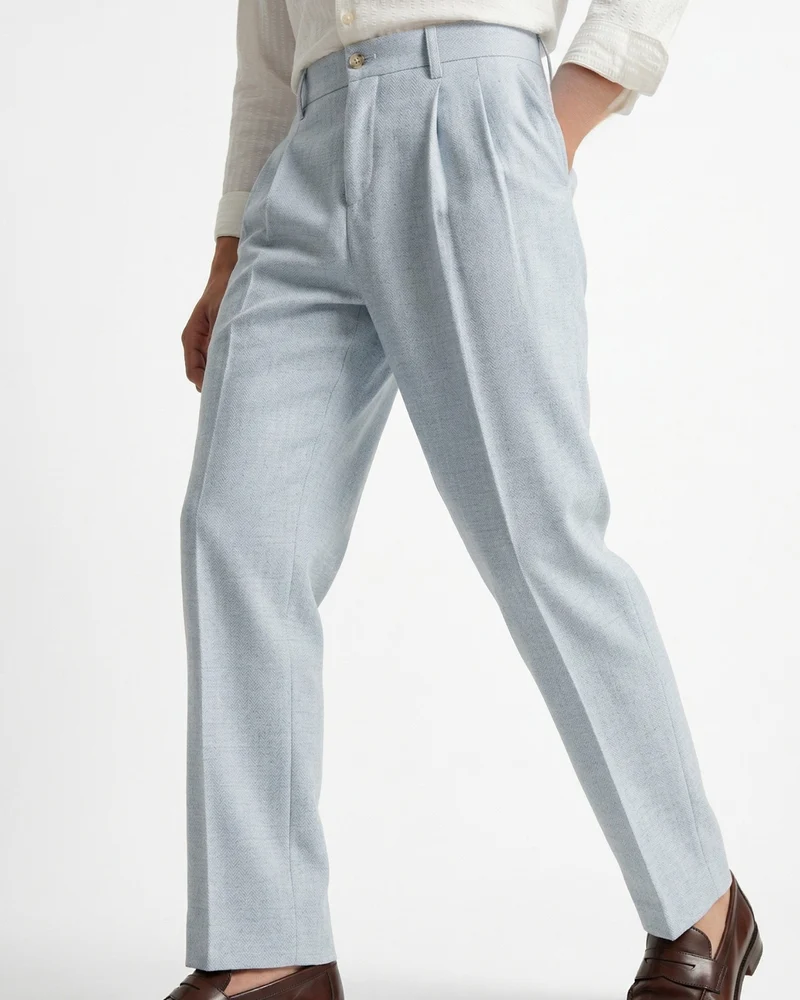 Linen Blend Light Blue Trousers Herringbone Double Pleated